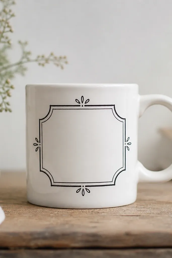 A thrifted mug featuring a centered label with black marker-style lines and a small decorative border; the rest of the mug stays white and clean.