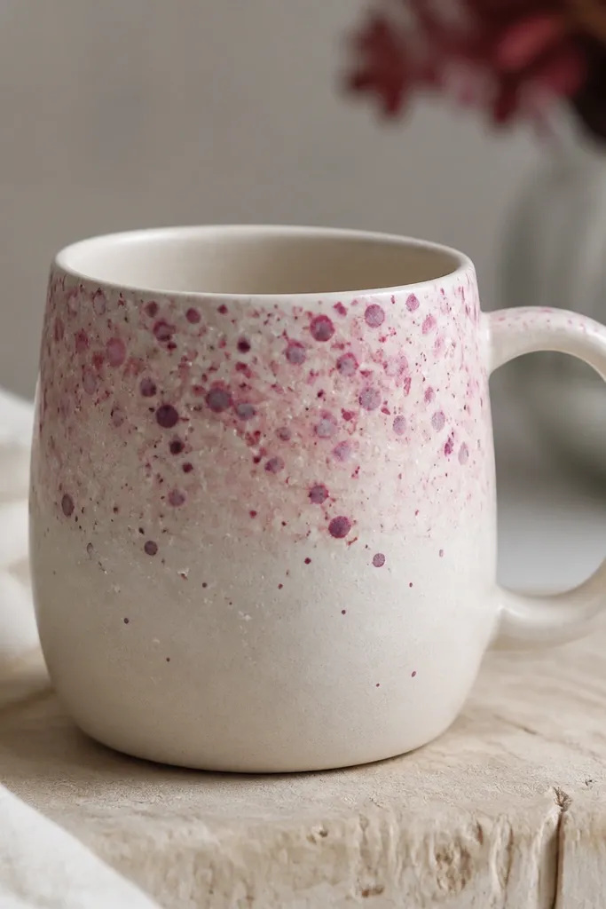 A mug with controlled splatter dots in berry pink, deep plum, and a few tiny white specks, clustered near the top half; the splatter edges are soft rather than harsh.