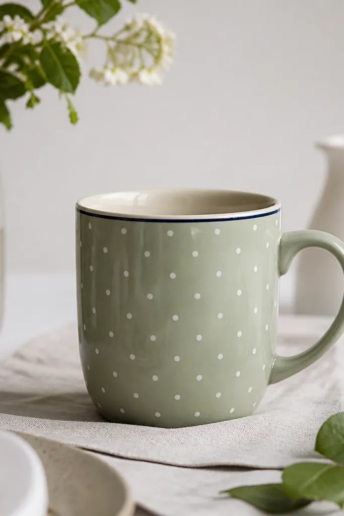 A mug with small evenly spaced white polka dots on a muted sage base, plus a thin navy pinstripe around the top rim area.