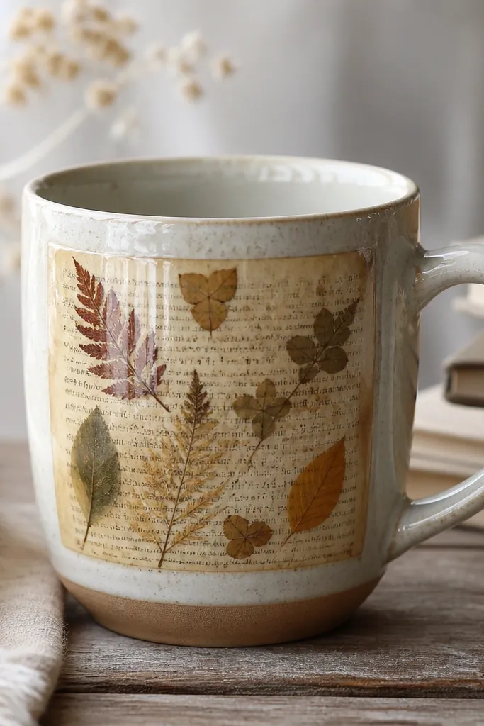 A mug with a collage panel: vintage book text as the background and small pressed-looking leaf shapes layered on top, with a glossy sealed finish.