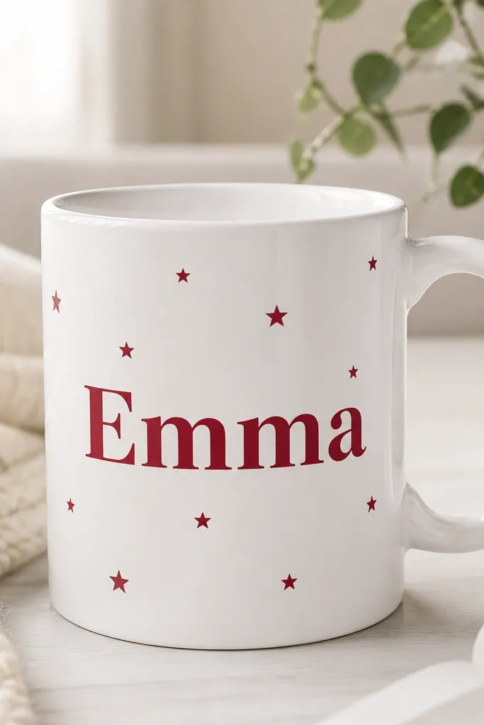 A mug with a clean vinyl-cut name in a bold color and tiny star icons scattered lightly around it; the rest of the mug is unpainted white.