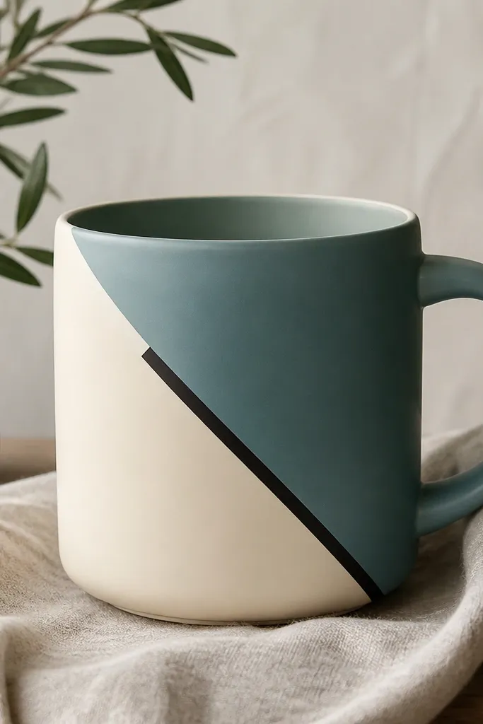 A mug with sharp geometric color blocks: teal, cream, and a thin black diagonal stripe, all separated by crisp tape lines.