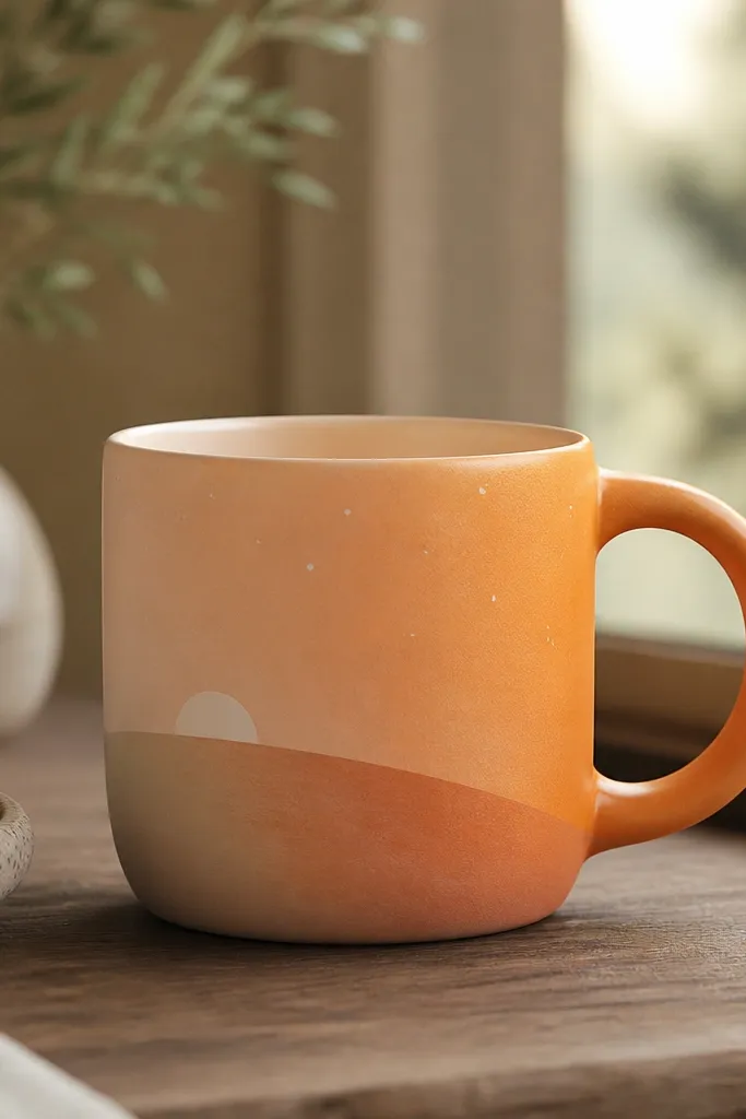A mug with a smooth sunrise gradient painted from pale peach to orange near the handle side, with a simple curved horizon line and a few tiny dots for stars.