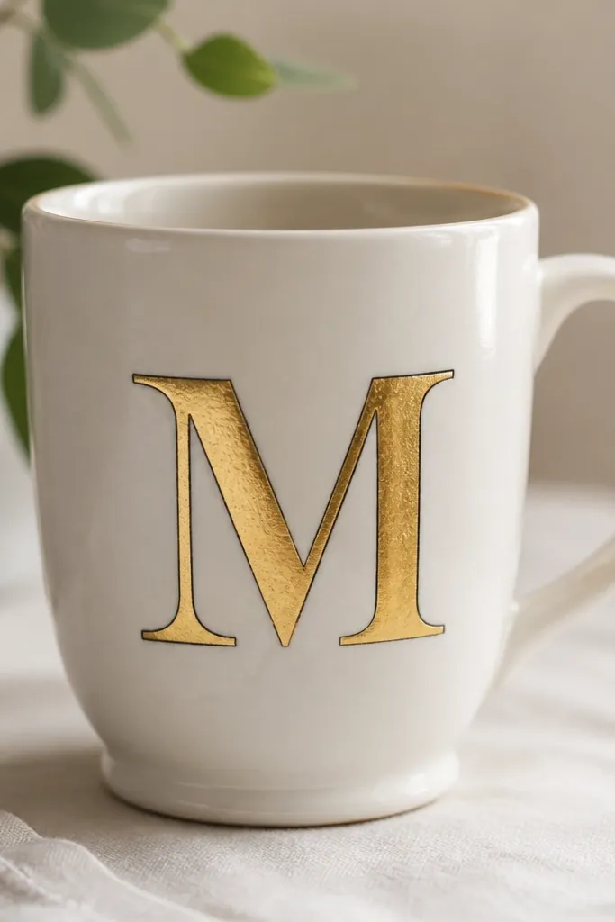 A mug with a centered monogram painted in a metallic gold finish, surrounded by a thin darker outline; the gold looks like leaf but is smooth and sealed.