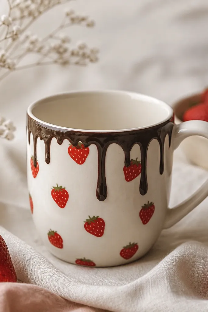 A mug patterned with small strawberry shapes and dark chocolate-like drips near the upper half, with bright red fruit and creamy white highlights.