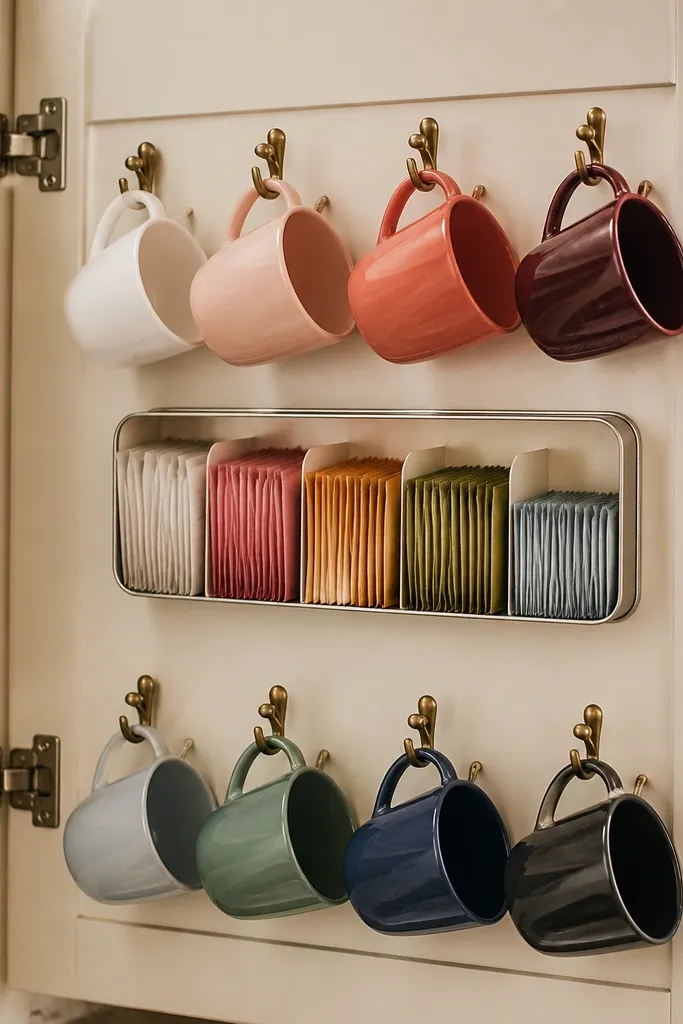 The inside of a cabinet door shows two rows of small hooks holding mugs by their handles. Between the hooks, a repurposed metal spice tin insert has compartments for tea bags. The door is painted a soft cream, and the mugs are arranged by color.