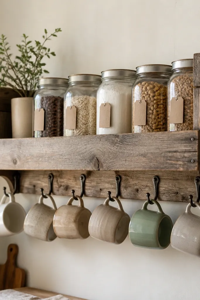 A reclaimed wooden produce crate mounted horizontally on the wall. Under the crate lip, metal hooks hang several mugs. The crate has a distressed finish, and small labels point to jars stored in the crate.