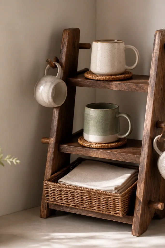 A small wooden ladder-style shelf sits in a corner. The sides have pegs or dowels that act as mug perches, and the lowest rung supports a woven basket drawer for napkins. Two mugs sit on top shelves with coasters underneath.