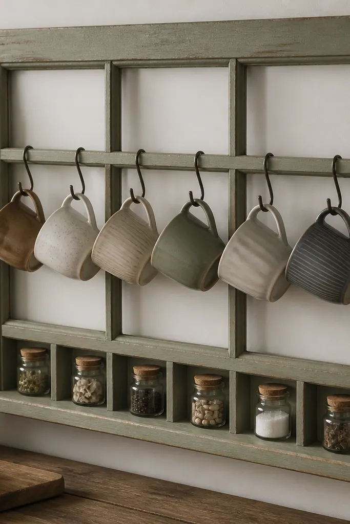 An old window frame repainted in muted sage holds a line of S-hooks. Several mugs hang in a neat row, and the frame’s crossbars create a tidy border. Small compartments on the bottom shelf hold mini jars.