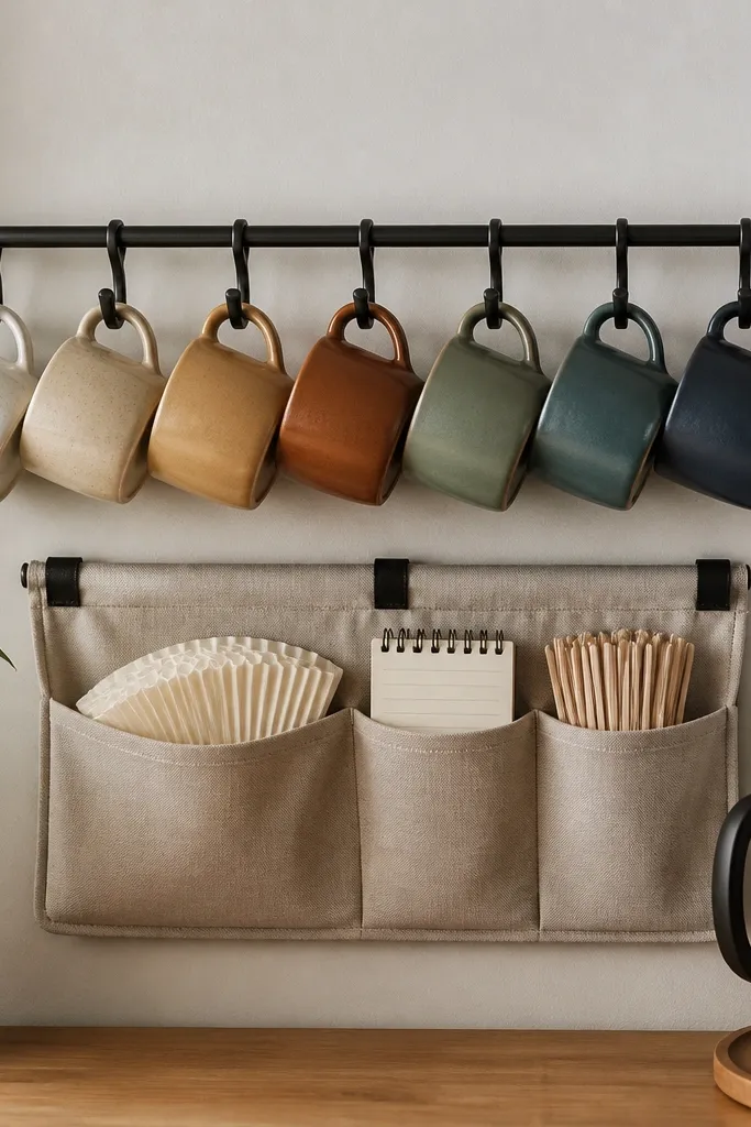 A black metal rail mounted on the wall holds mugs by their handles with small brackets. Directly under the rail is a fabric pocket organizer (like an over-the-door style) holding coffee filters, a small notepad, and stir sticks. The mugs are arranged in a gradient of colors.