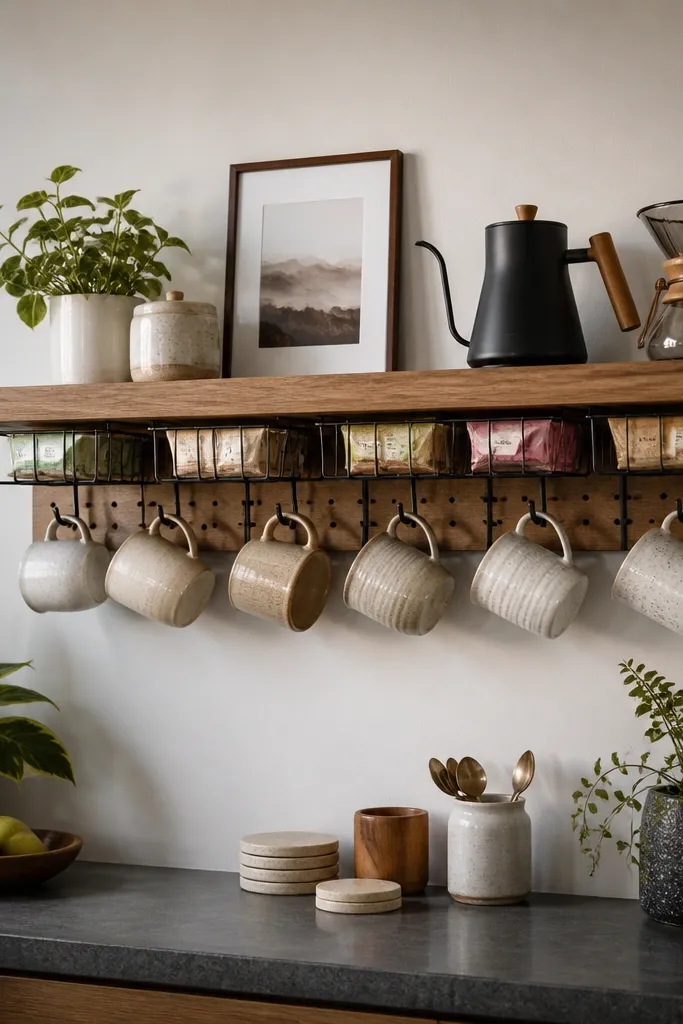 A floating wood shelf mounted above a countertop. Behind it, a hidden pegboard panel holds mug hooks. Under the shelf lip, small hanging baskets store tea packets. The mugs sit neatly along the front edge with coasters.
