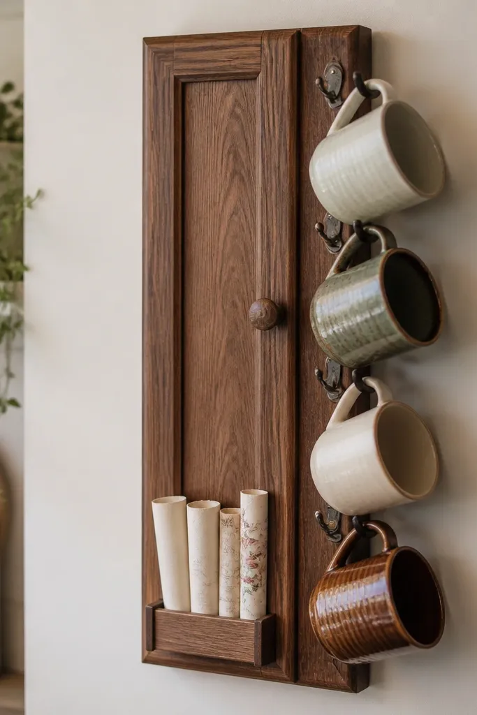 A repurposed wooden drawer front mounted vertically on the wall. A row of mug hooks is attached along one side, and on the bottom a narrow slot holds rolled recipe cards. Mugs hang in a tidy cluster, and the wood has a stained finish.
