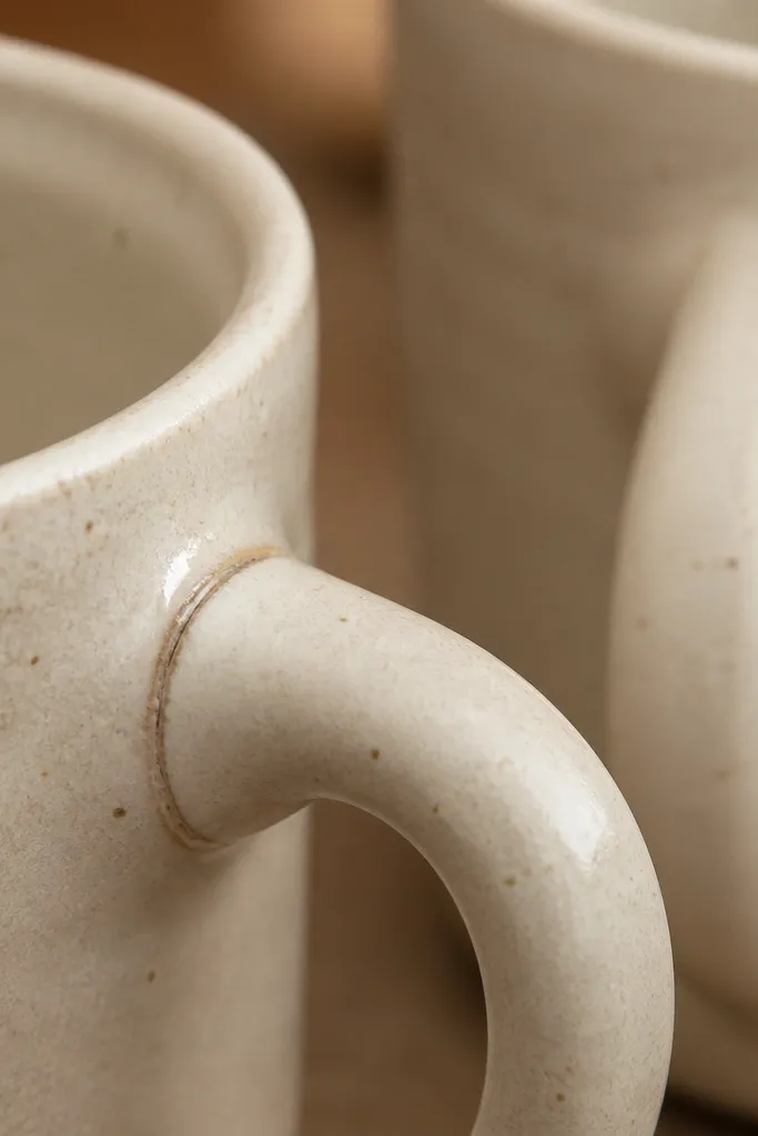 Close-up photo of a mug handle seam: the join line is visible with a slight gap and a shiny slip layer, plus a second mug where the join is blended smoothly into the body.