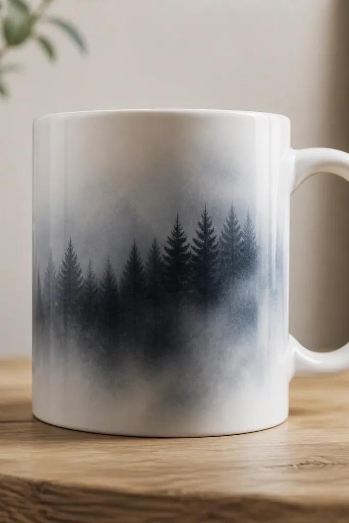 A mug side photo showing a printed design with a faint cloudy ring around the lines; the center looks darker while the edges look washed out.