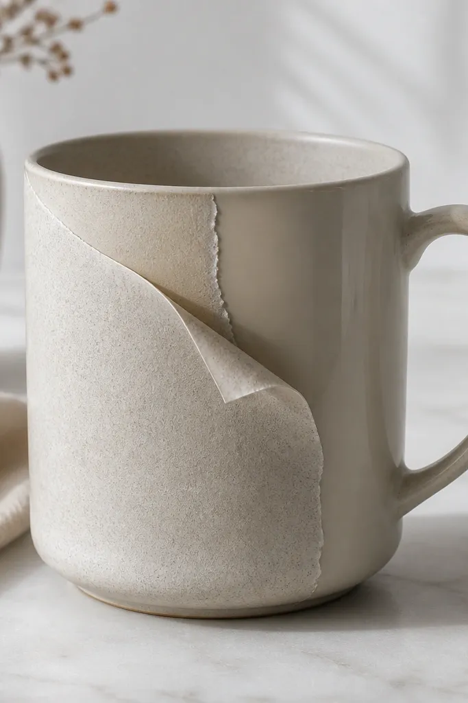 A mug with a partially lifted decal: the corner is curled, and you can see a glossy glaze beneath while the decal’s edges look raised.