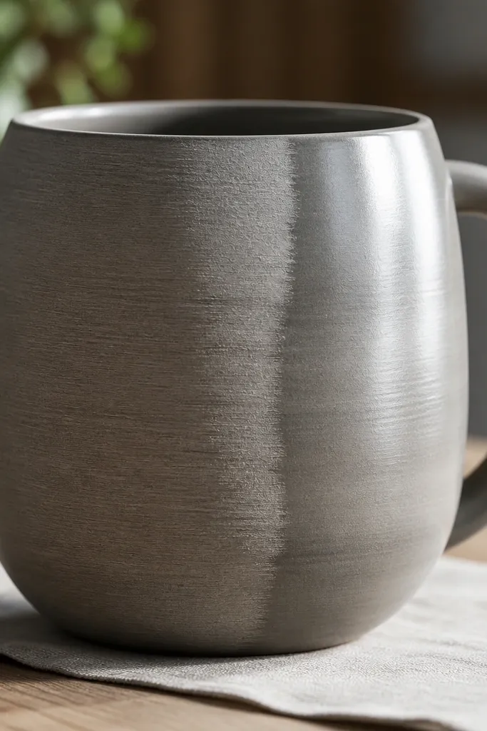 A mug with visible sanding marks under bright light: one area looks dull and slightly rough, while another area is smoother and more reflective.