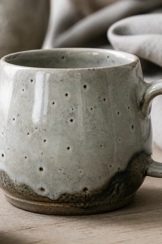 A mug with a glossy glaze that has tiny crater-like spots and uneven pooling near the bottom rim, with a slightly matte ring where the glaze didn’t flow smoothly.