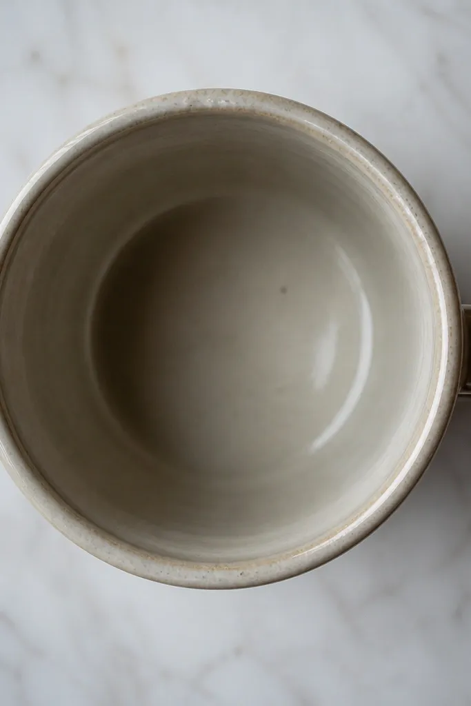 Top-down view of a mug rim: the rim area looks slightly shinier and thicker than the rest, with a faint uneven band around the inside edge.