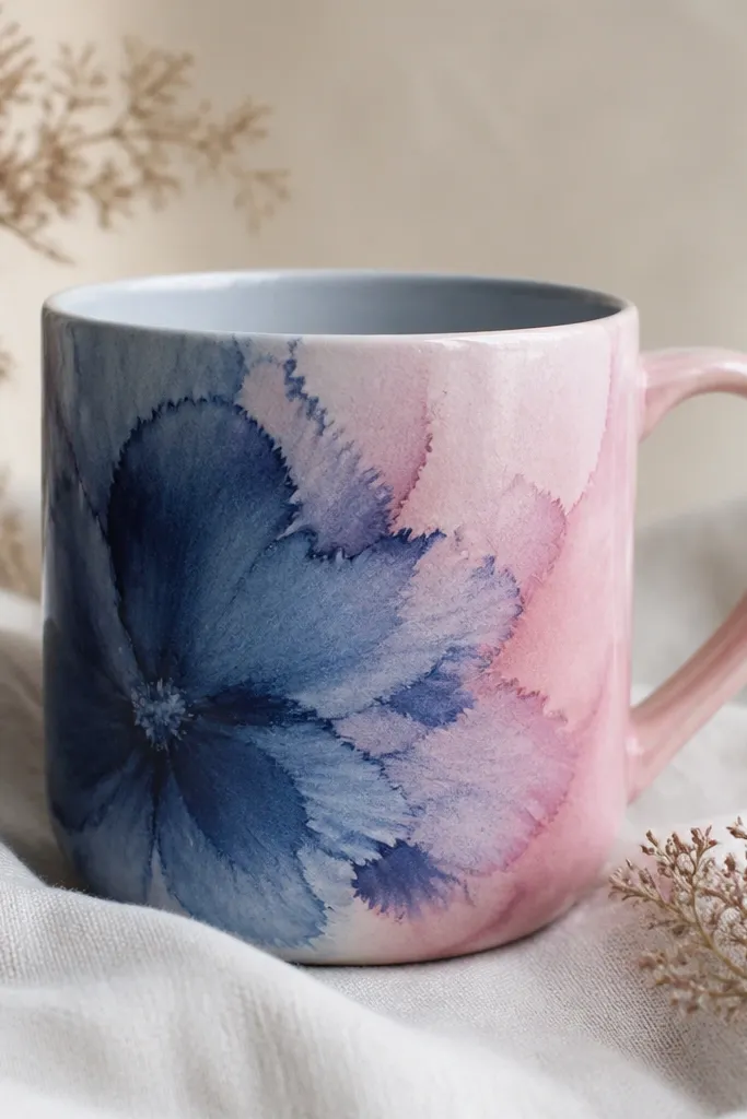 A mug design where two colors merged: a blue flower has spread into a neighboring pink shape, creating fuzzy edges and muddy transitions.