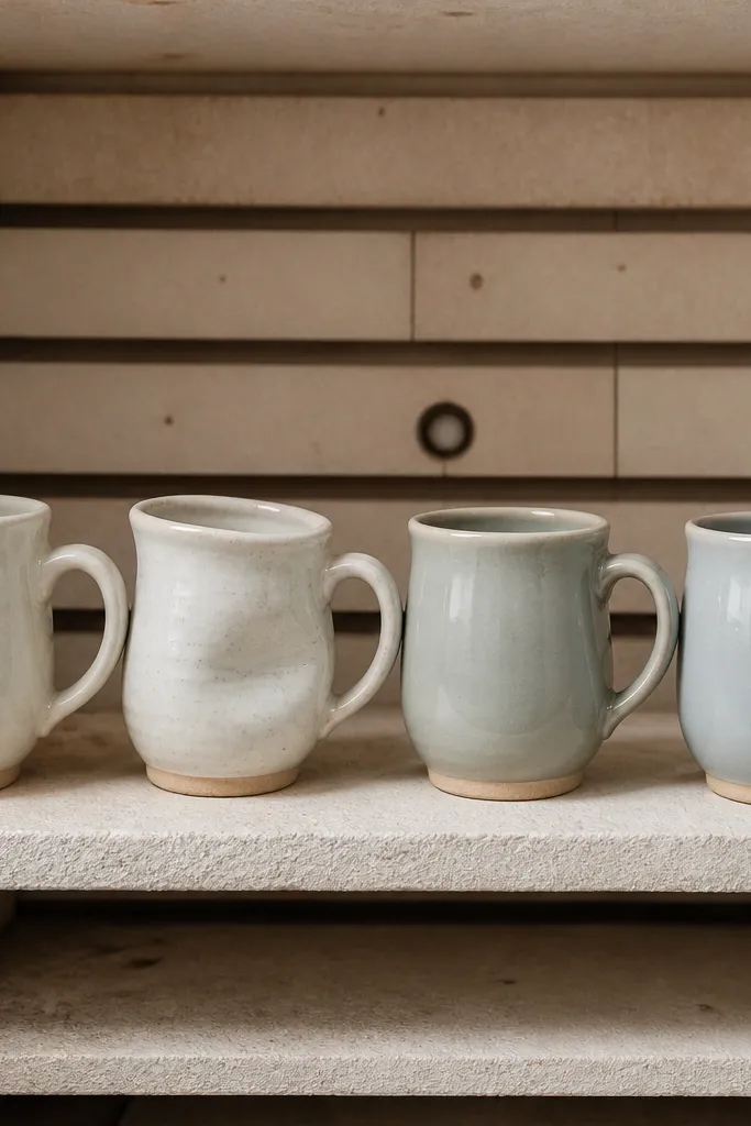A kiln shelf photo with two mug failures: one cracked through the side and another has a warped profile; beside them are two successful test mugs with smooth, even glaze.