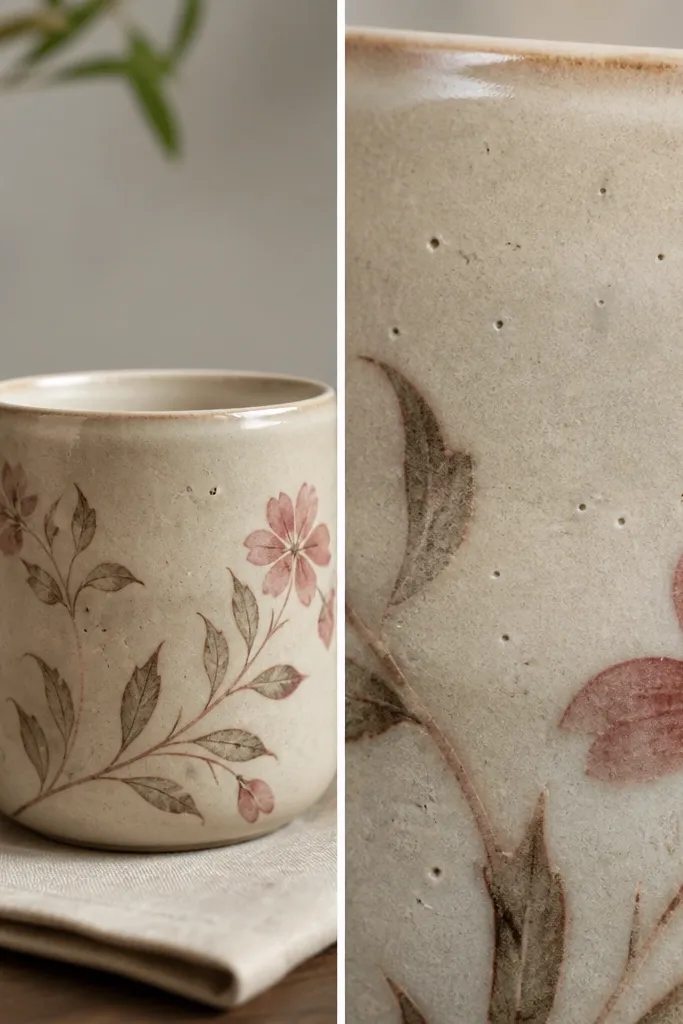 A mug with a decorative image that looks fine, but the glaze looks slightly thin; a close-up shows tiny pinholes and a faint dullness where the surface absorbed light.