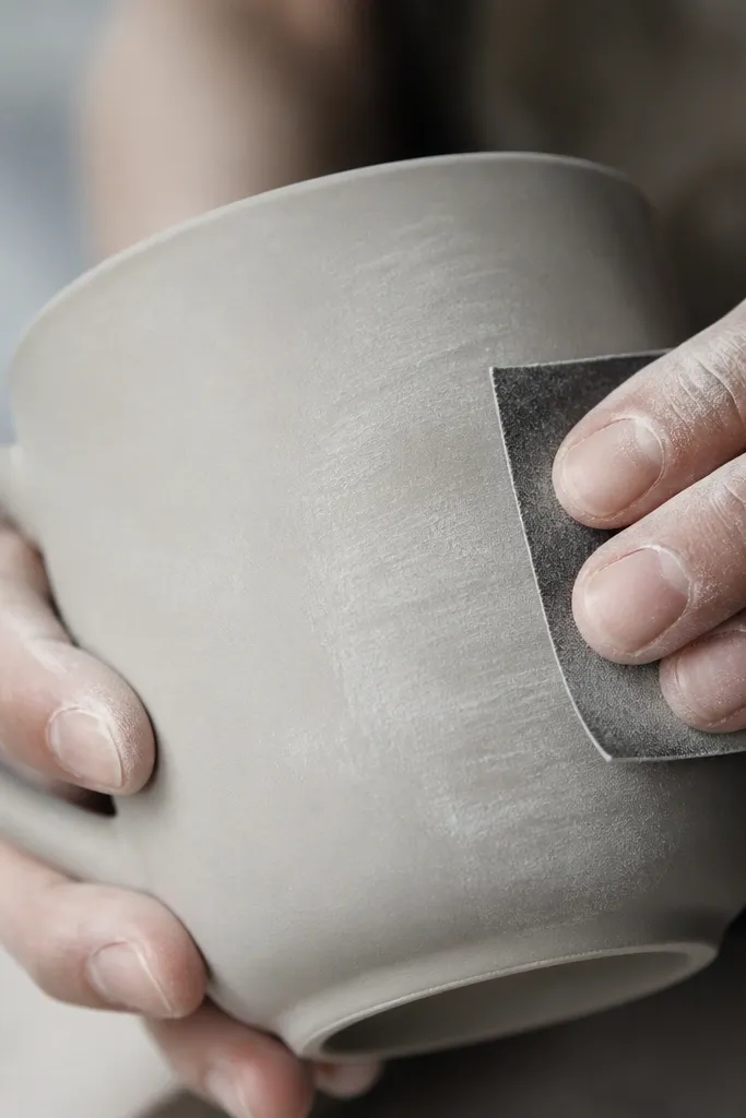 Close-up of the mug surface being sanded with fine-grit sandpaper, with a light dusting of ceramic residue visible and the mug turned slightly to show the scuffed areas.