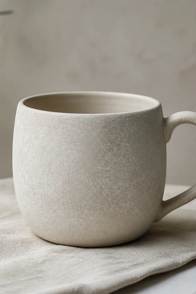The mug after applying a primer-like base, with irregular sponge-dot texture visible across the body in a soft off-white tone.