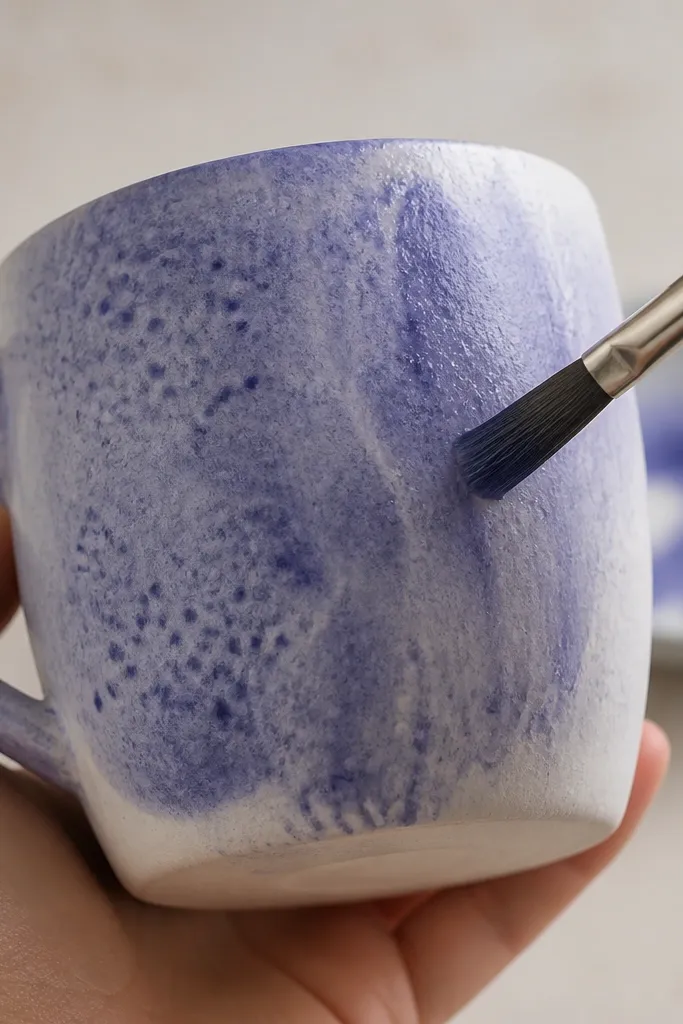 A close-up showing a blue-violet wash brushed onto the mug, with darker pockets pooling around the sponge texture and lighter streaks where the brush lifts.