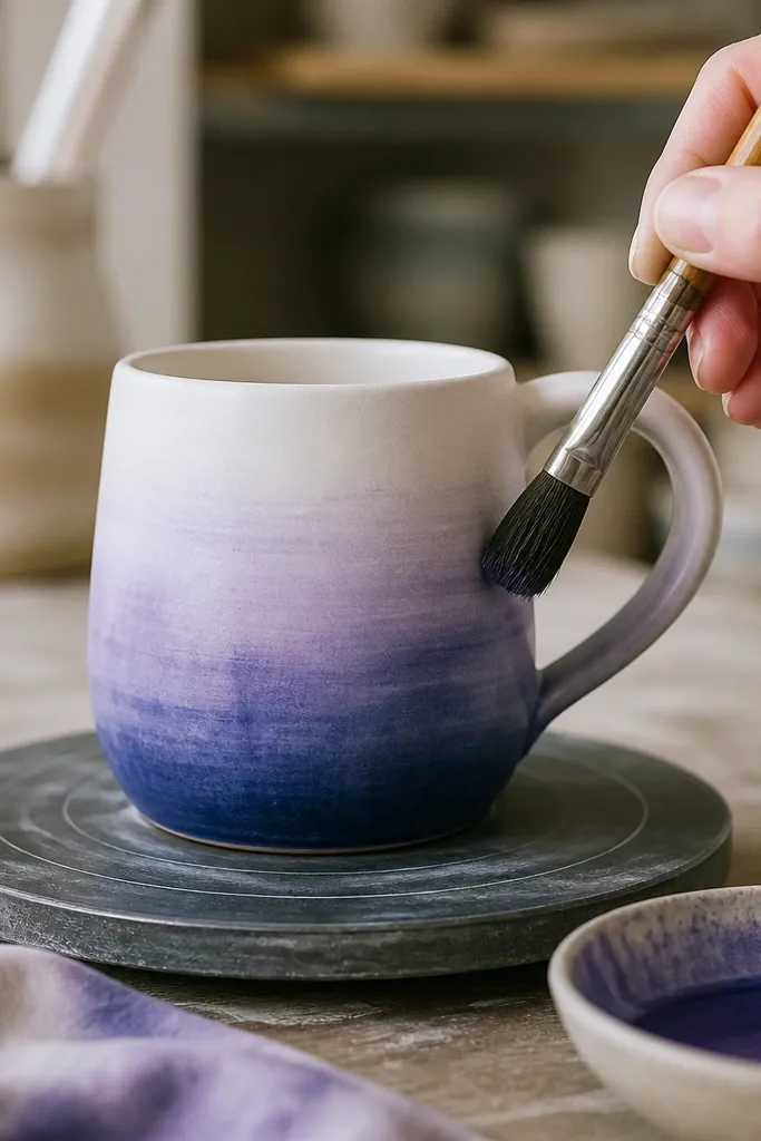 The mug mid-process with a second layer of diluted color, showing deeper indigo around the lower rim and softer lavender fading upward.