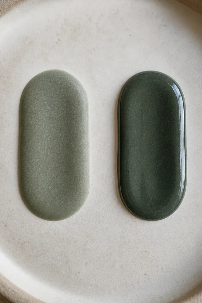 Two small sealed test swatches on scrap ceramic or the inside of the mug base, one matte and one glossy, photographed side-by-side under the same light.