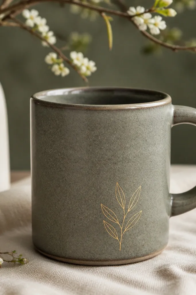 A small botanical stamp on the mug’s lower third, with thin leaf lines in a contrasting color over the textured background.