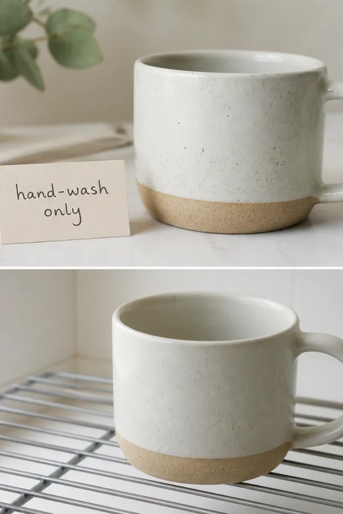 A small handwritten label or sticker next to the mug reading hand-wash only, plus a photo of the mug fully air-dried on a rack with no water spots.