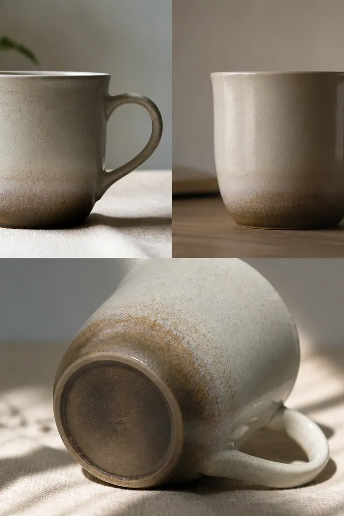 A mug photographed in three angles: front, side, and under light. The color looks slightly different depending on the angle, with muted speckles and a deeper tone near the base.