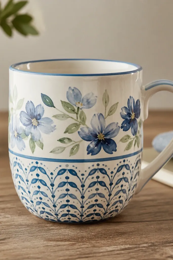 A mug with a hand-painted floral band and another section featuring a smooth, decal-like pattern. The painted area shows brush texture; the printed area looks perfectly flat.