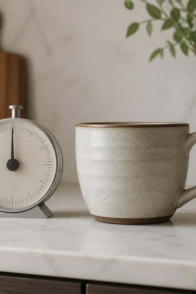 A mug gently placed on a kitchen counter next to a scale (only the dial is visible). The mug looks heavier than the other object beside it.