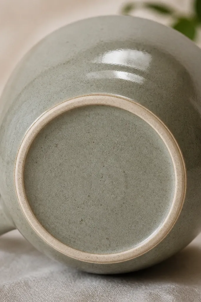 A close photo of the mug’s bottom foot ring. You can see a crisp circle where glaze stops, with an even, matte finish and no rough glaze drips.