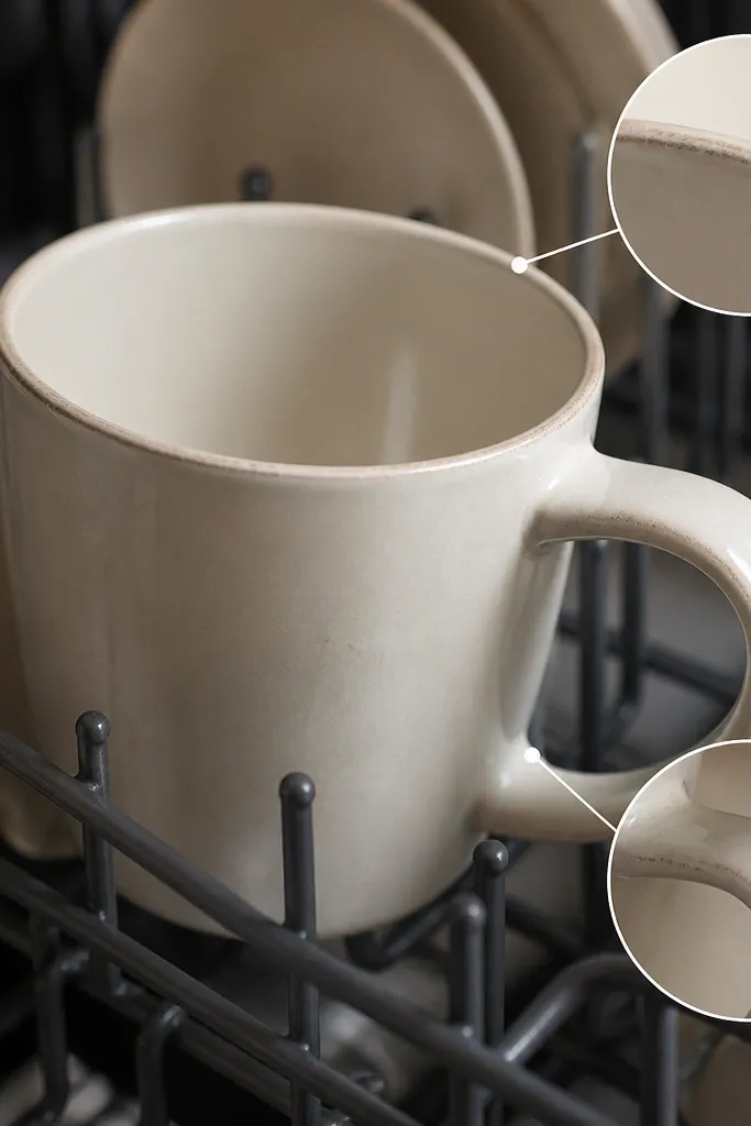 A mug on a rack in a dishwasher with a subtle note overlay pointing to the rim and handle. The photo shows slight wear after a few cycles.