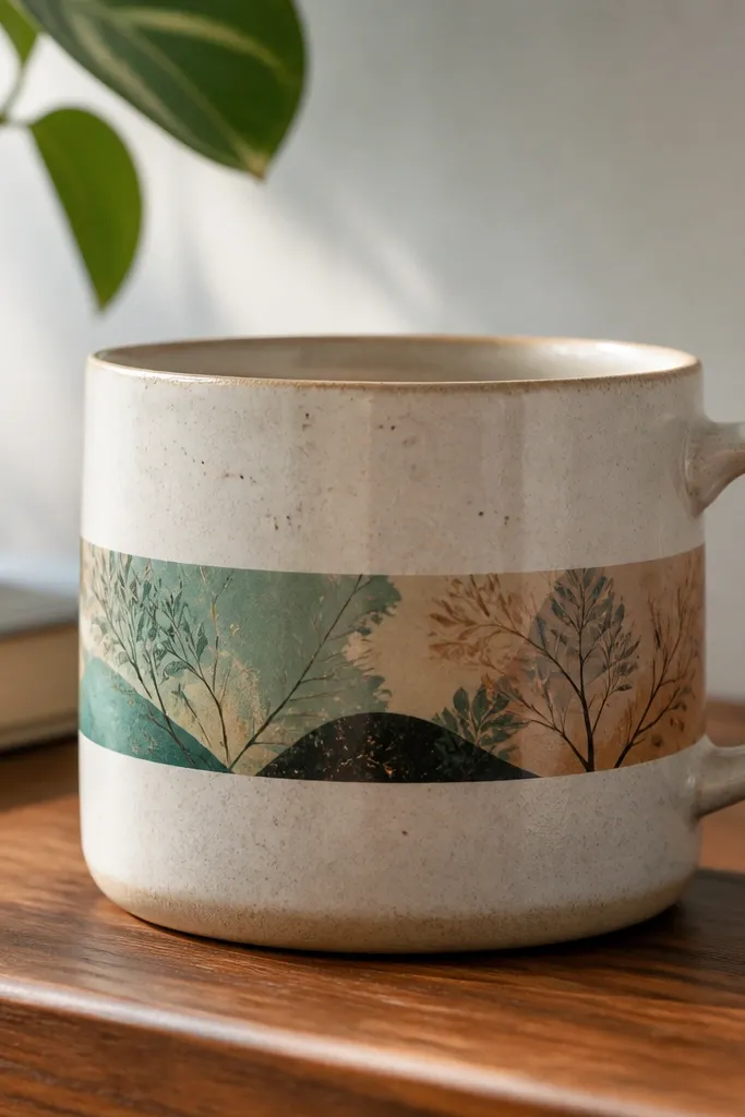 A repurposed mug with a decorative wrap around a previously scratched area. The wrap looks smooth and flush, not thick or bumpy.