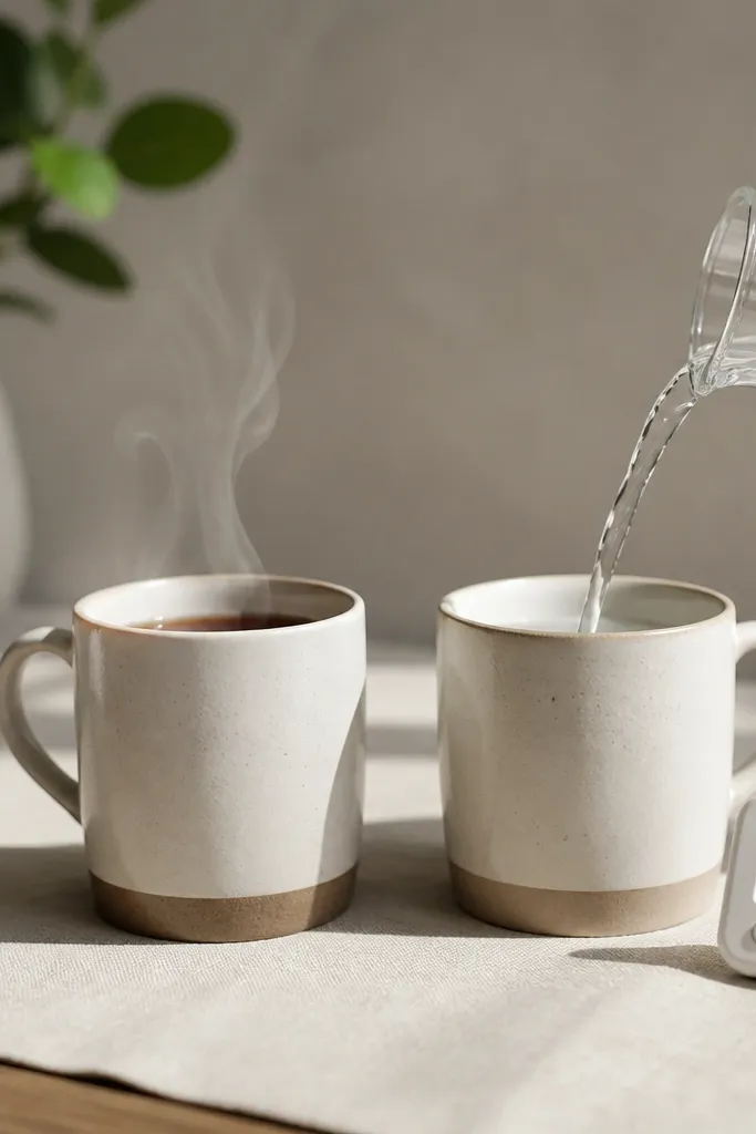 Two mugs side by side with a thermometer reading near one. One mug is shown with hot liquid while the other is about to receive room-temperature water, with a timer visible.