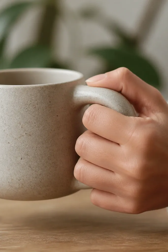 A hand holding a mug, showing the handle width and how fingers rest. The handle looks rounded and slightly oversized for a comfortable grip.