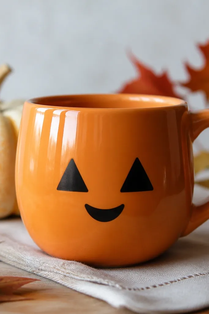 A pumpkin-colored mug with a bold black jack-o’-lantern face: triangular eyes and a small curved smile. The face is crisp and centered, and the mug has subtle highlight strokes near the top edge.