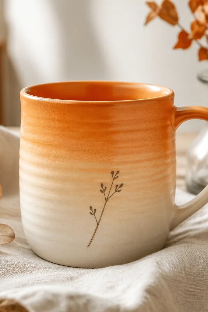 A mug with a smooth ombre gradient: creamy off-white at the bottom fading into warm orange near the top. There are faint rib lines and a small stem detail drawn in darker brown.