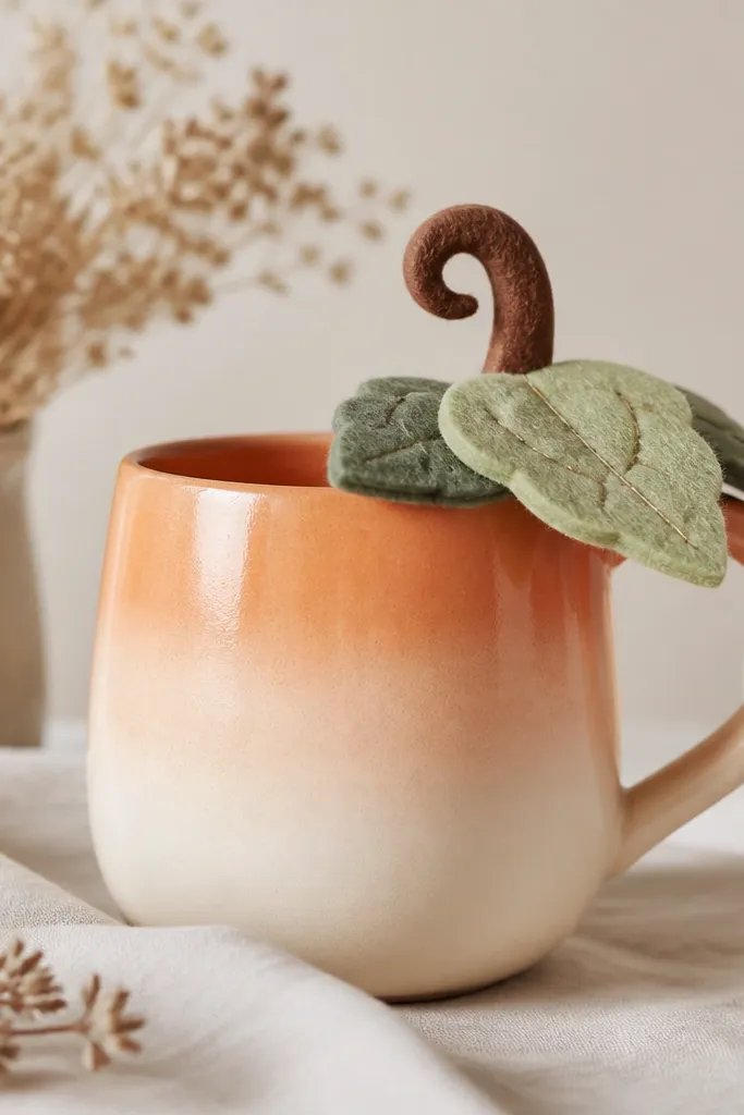 A mug painted with a soft orange-to-cream ombre. On top, a felt stem curl and a pair of layered felt leaves sit like a little crown above the handle.
