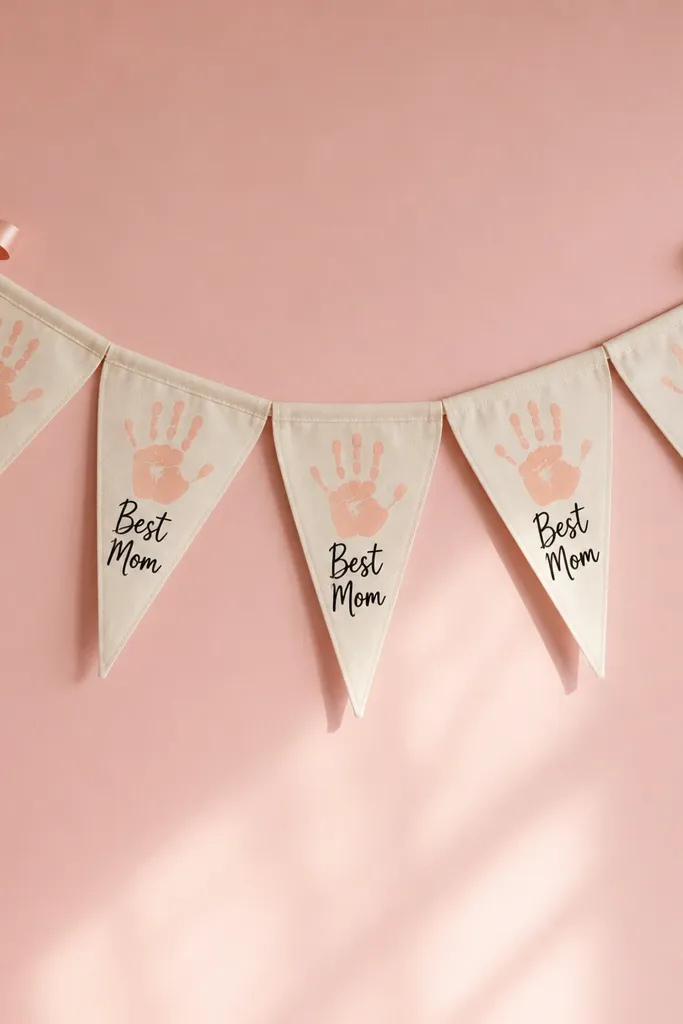 A small banner made from triangular bunting flags. Each flag has a handprint in pale peach and a handwritten-style script reading “Best Mom” in black ink. The banner hangs against a pastel pink background with a ribbon tie at the top.