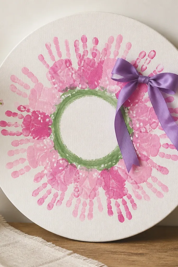 A small round canvas wreath. Multiple handprints in varying pink shades form a circular flower wreath around a green painted ring. Tiny white dot “highlights” and a purple ribbon bow are added at the top right.