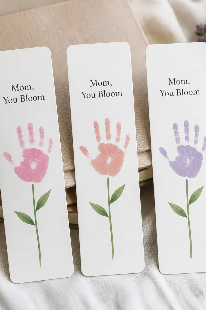 A set of three bookmarks made from thick cardstock. Each has a small handprint in a different flower color (pink, coral, and lavender) with a simple flower stem drawn in green. “Mom, You Bloom” is printed in a neat font near the top.