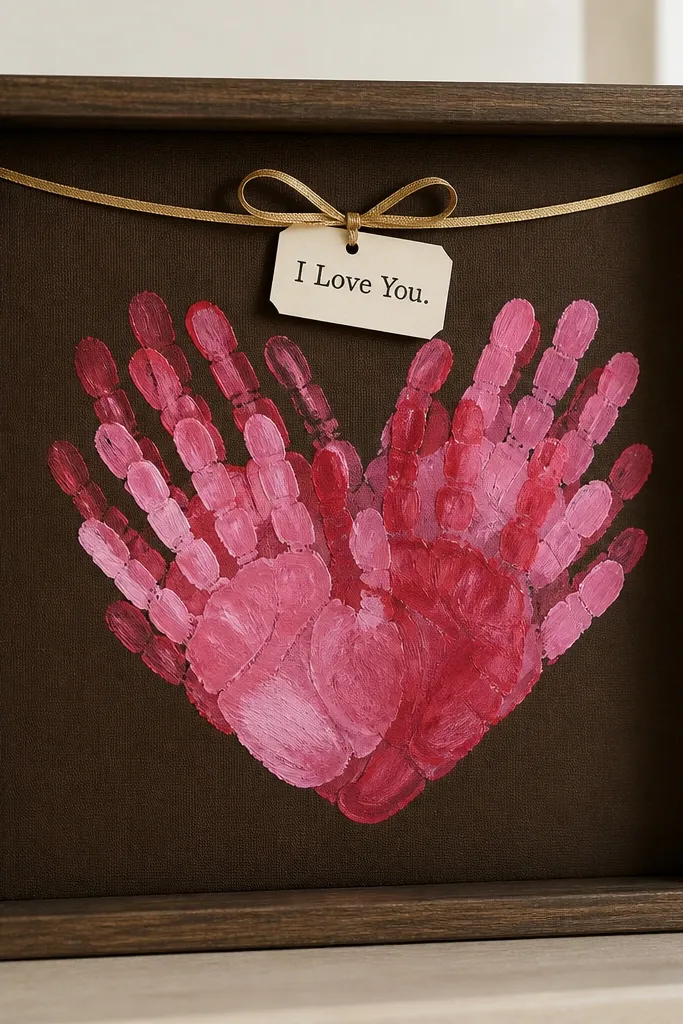 A small shadow box frame with a deep brown backing. In the center is a cluster of handprints layered to form a heart shape, painted in red and pink. A thin gold ribbon loops across the top and a small tag reads “I Love You.”