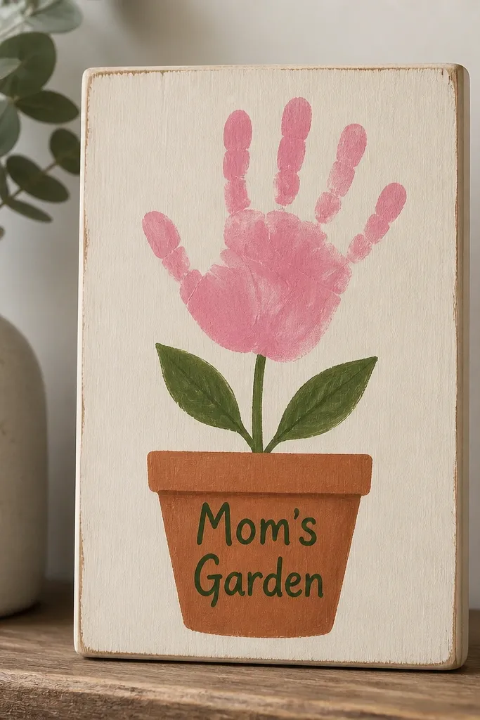 A small wooden plaque painted in a light cream. A handprint forms the flower petals above a simple flower pot drawing. The pot is painted terracotta with green leaves, and the words “Mom’s Garden” are lettered in dark green.