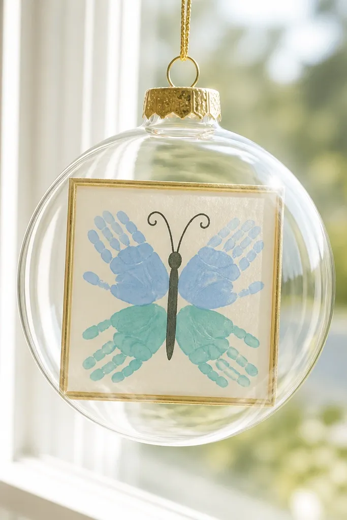 A clear ornament filled with a framed handprint butterfly. The wings are painted in light blue and teal, with a dark marker outline. A gold string loop sits at the top, and the ornament is photographed against a sunny window.