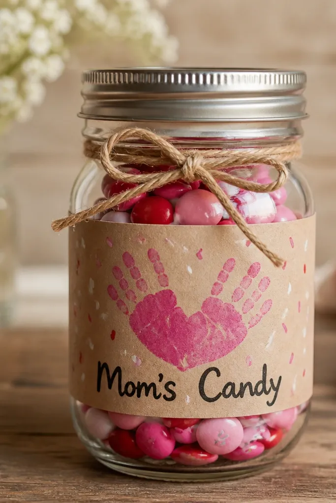 A mason jar with a kraft paper label. The label shows a handprint painted in pink as a heart-shaped candy, with small sprinkles drawn around it. “Mom’s Candy” is written in a bold black marker, and the jar is tied with twine.